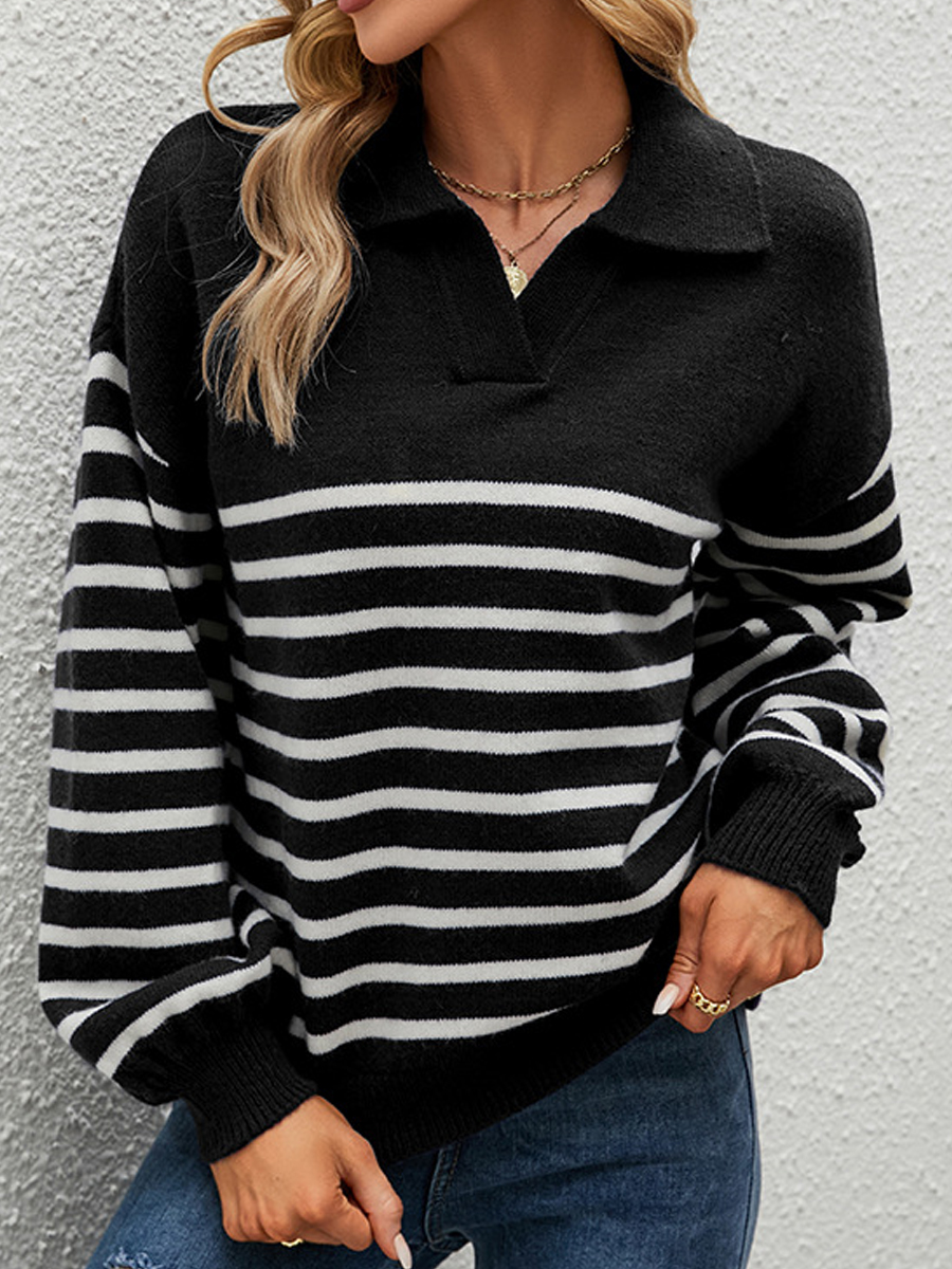 Casual Striped Contrast Lapel Chic Long Sleeve Sweater