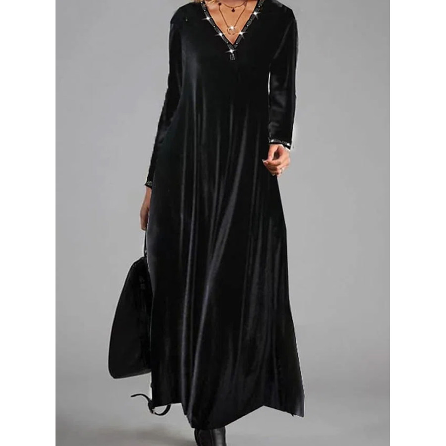 

Vintage Casual Solid Color V Neck Long Sleeve Maxi Dress
