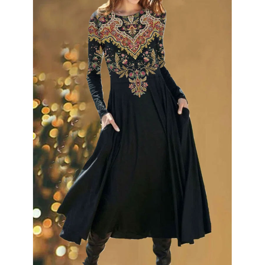 

Round Neck Casual Loose Vintage Print Long Sleeve Midi Dress