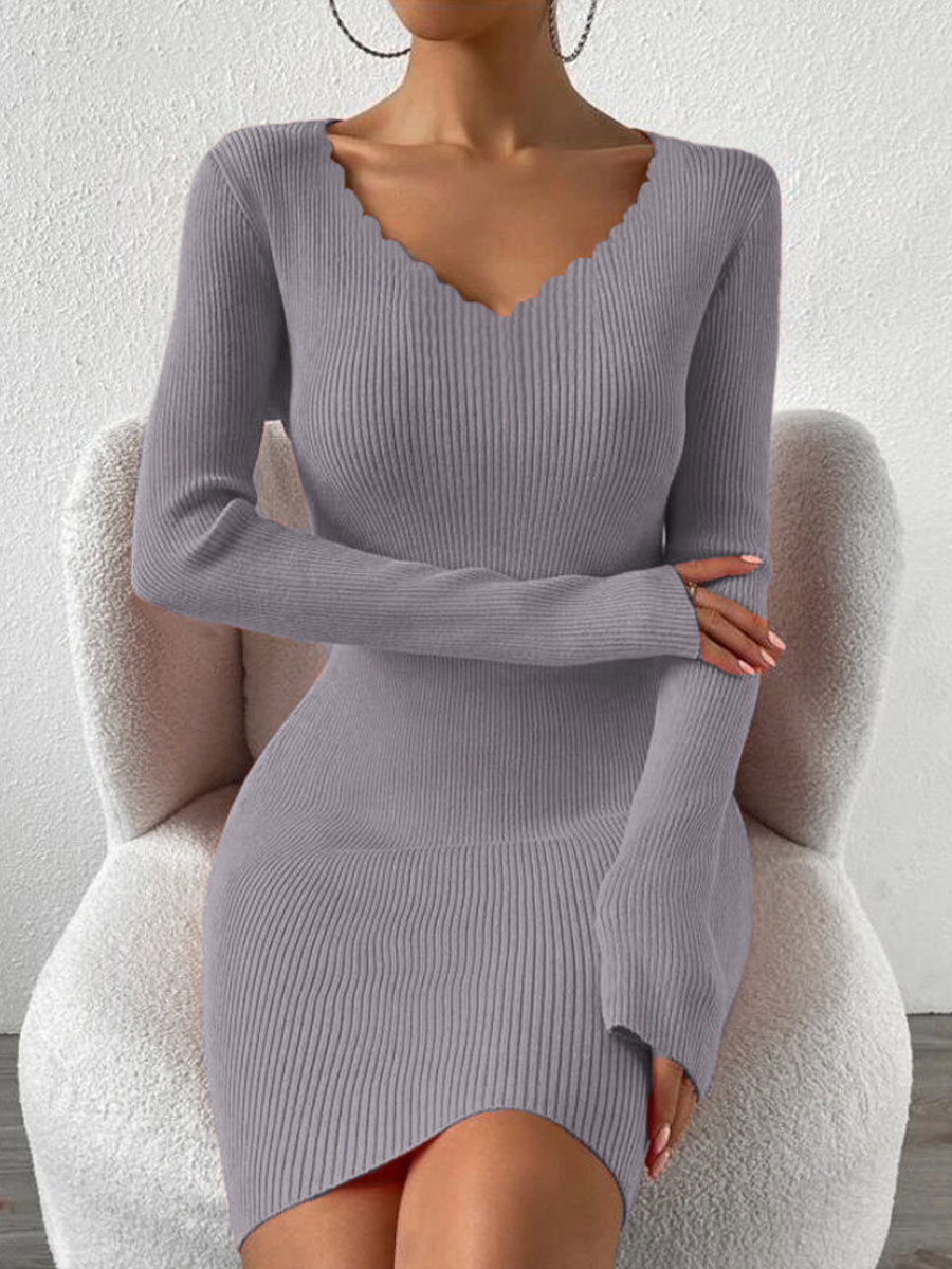 V neck Solid Color Wool Knit Long Sleeve Short Dress