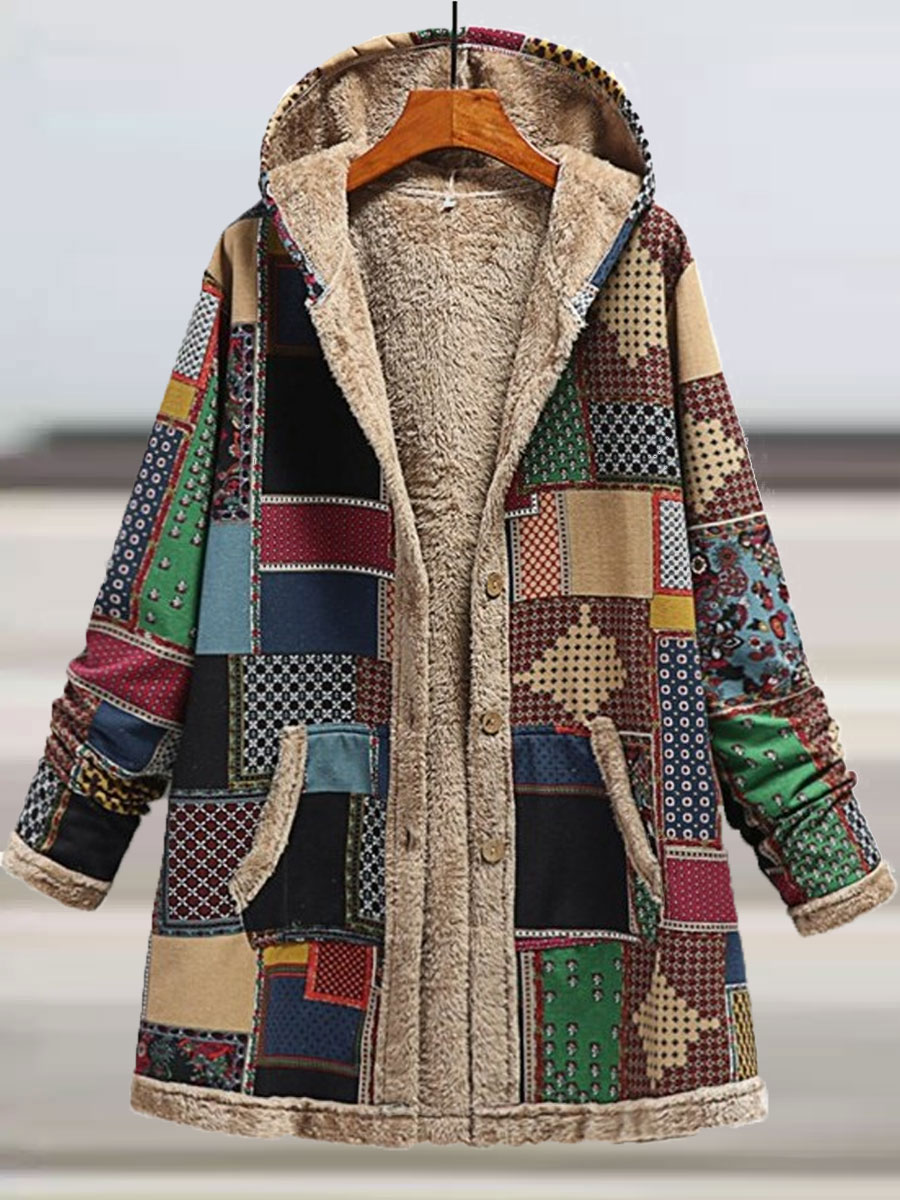 Casual Loose Plaid Panel Chic Lambswool Hooded Coat