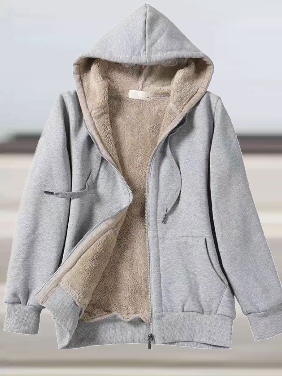 Casual Loose Solid Lambsool Chic Zip Hooded Coat