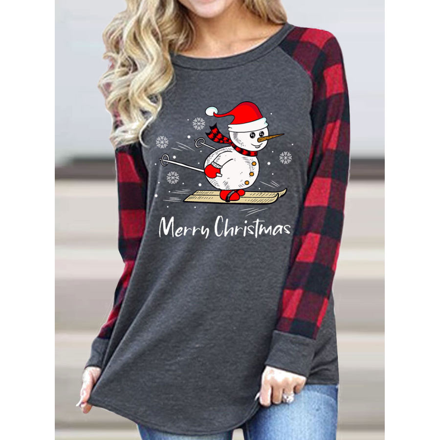 

Round Neck Casual Loose Check Christmas Print Long Sleeve T-shirt