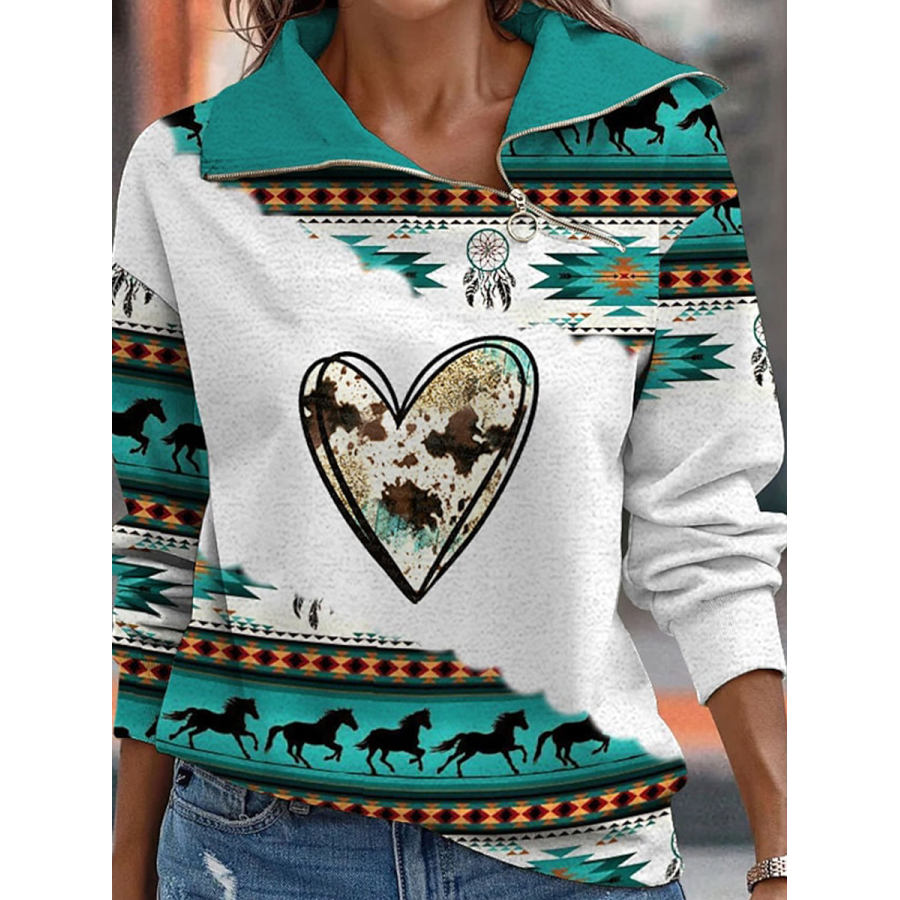 

Casual Loose Vintage Print Zip Sweatshirt