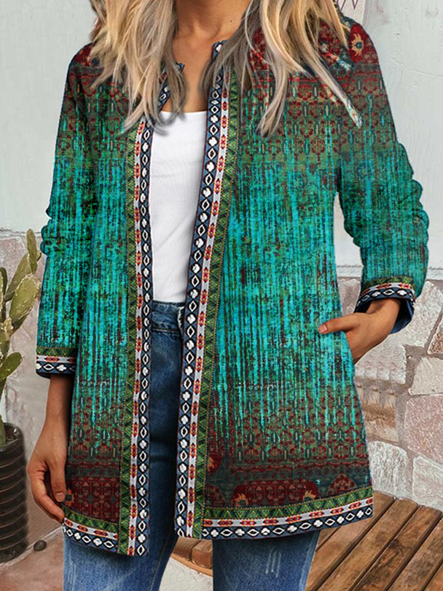 Casual Vintage Print Collarless Long Sleeve Jacket