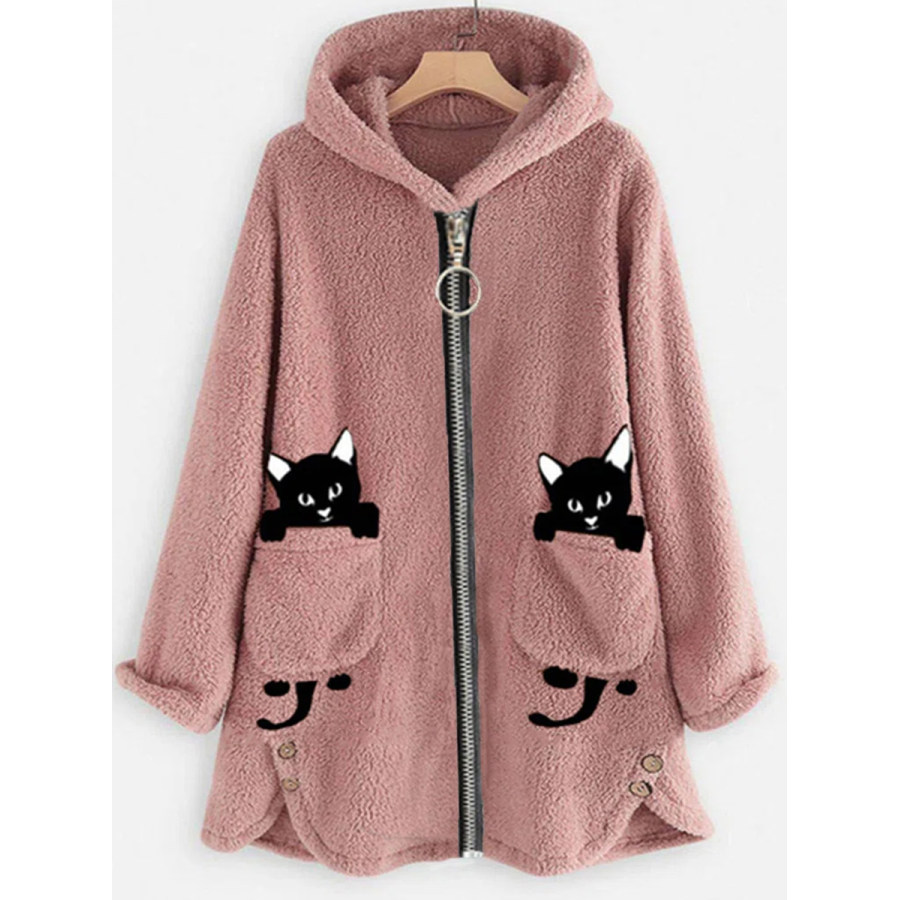 

Casual Vintage Cat Print Plush Warmth Long Sleeve Coat