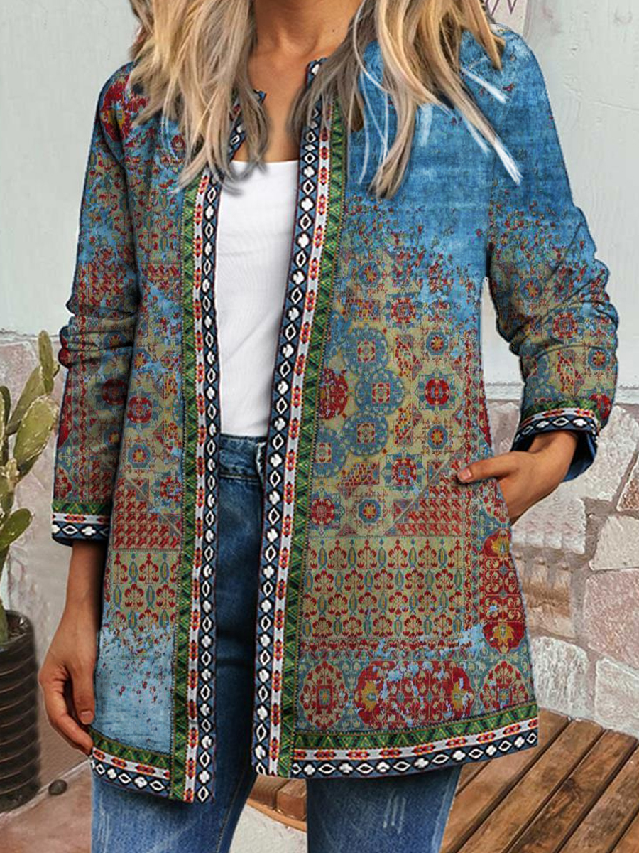 Casual Vintage Print Collarless Long Sleeve Jacket