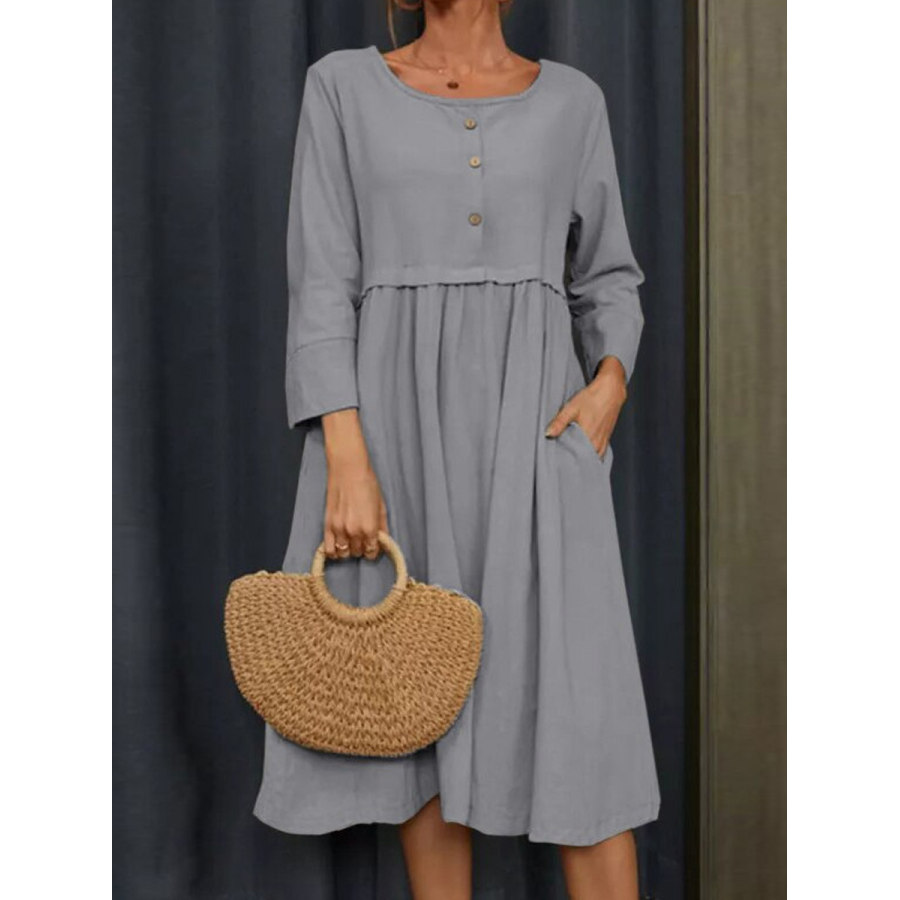 

Round Neck Casual Loose Solid Color Long Sleeve Midi Dress