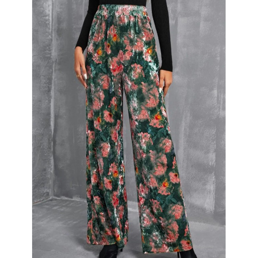 

Casual Loose Floral Gold Velvet Elastic Waist Wide Leg Pants