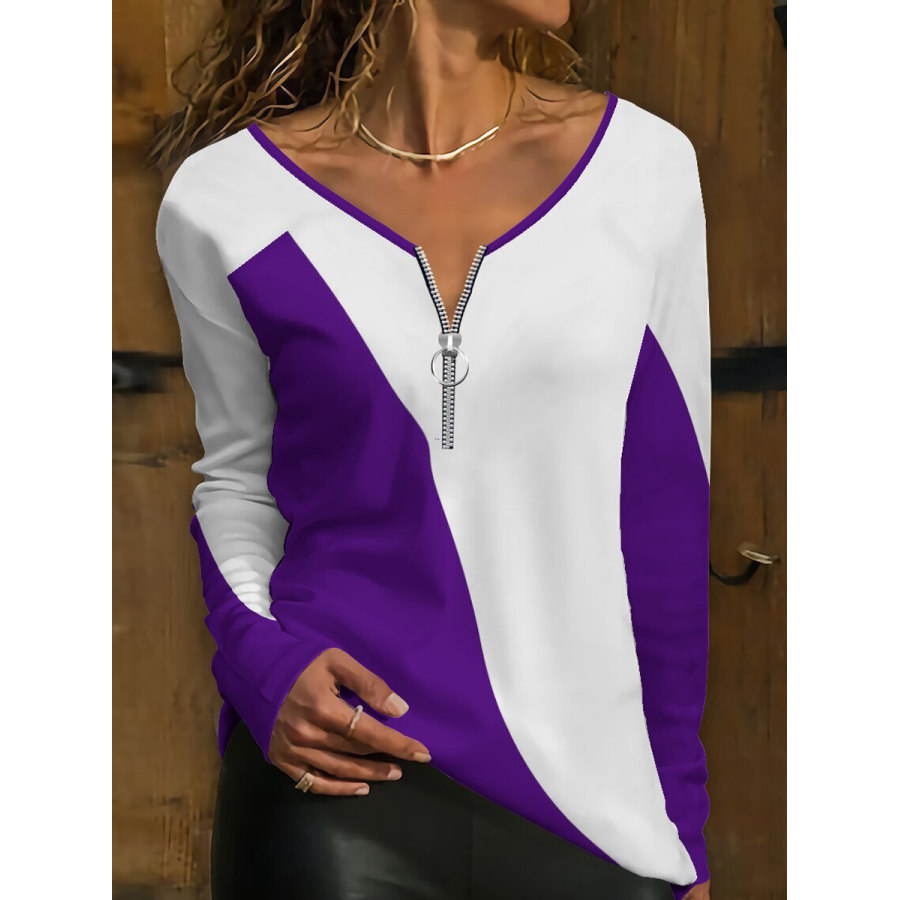 

Round Neck Zip Loose Colorblock Long Sleeve T-shirt