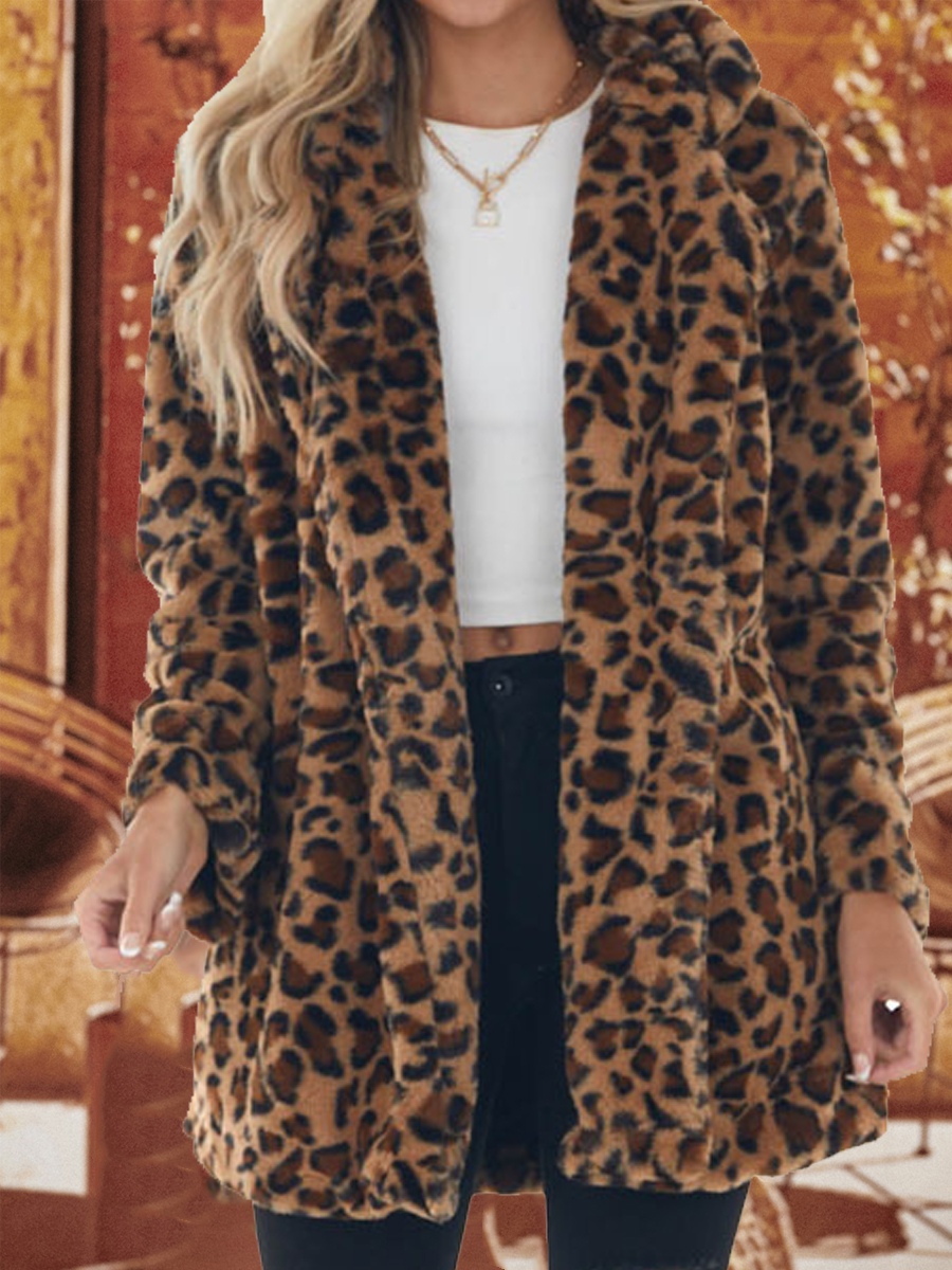 Casual Leopard Print Plush Chic Thermal Pocket Coat