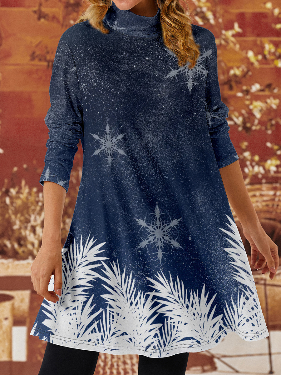 Casual Christmas Print Turtleneck Chic Long Sleeve Short Dress