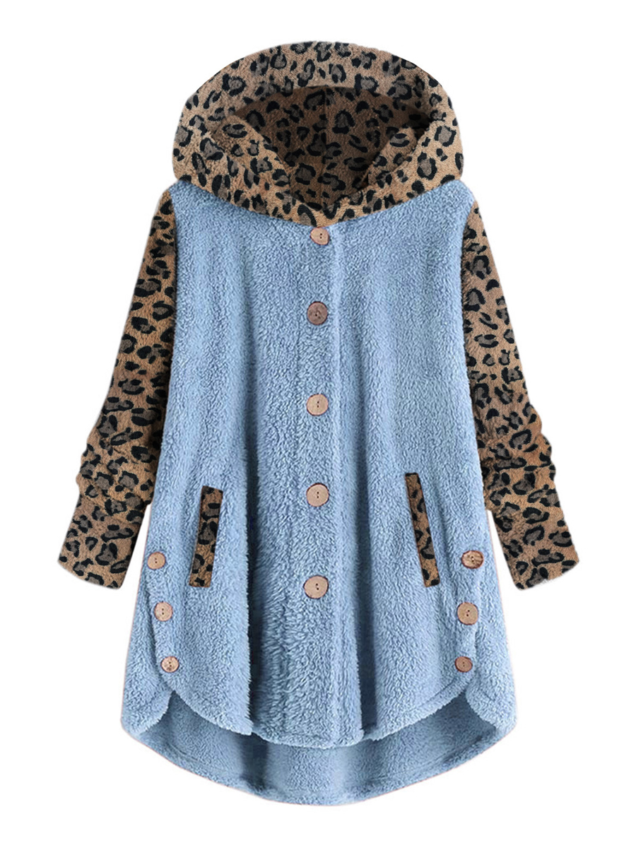 Casual Leopard Panel Long Sleeve Hooded Plush Thermal Coat