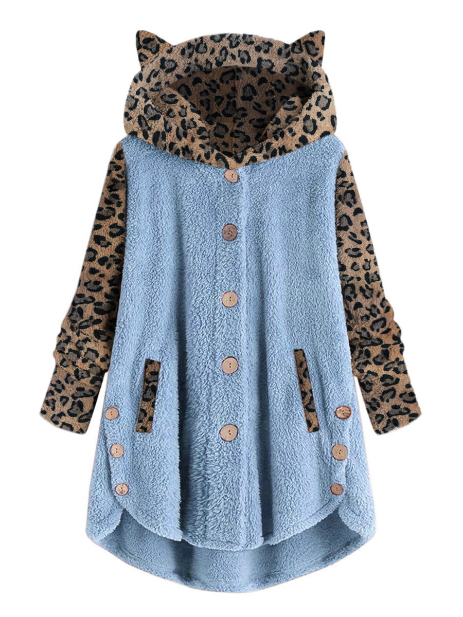 Casual Leopard Panel Long Sleeve Hooded Plush Thermal Coat