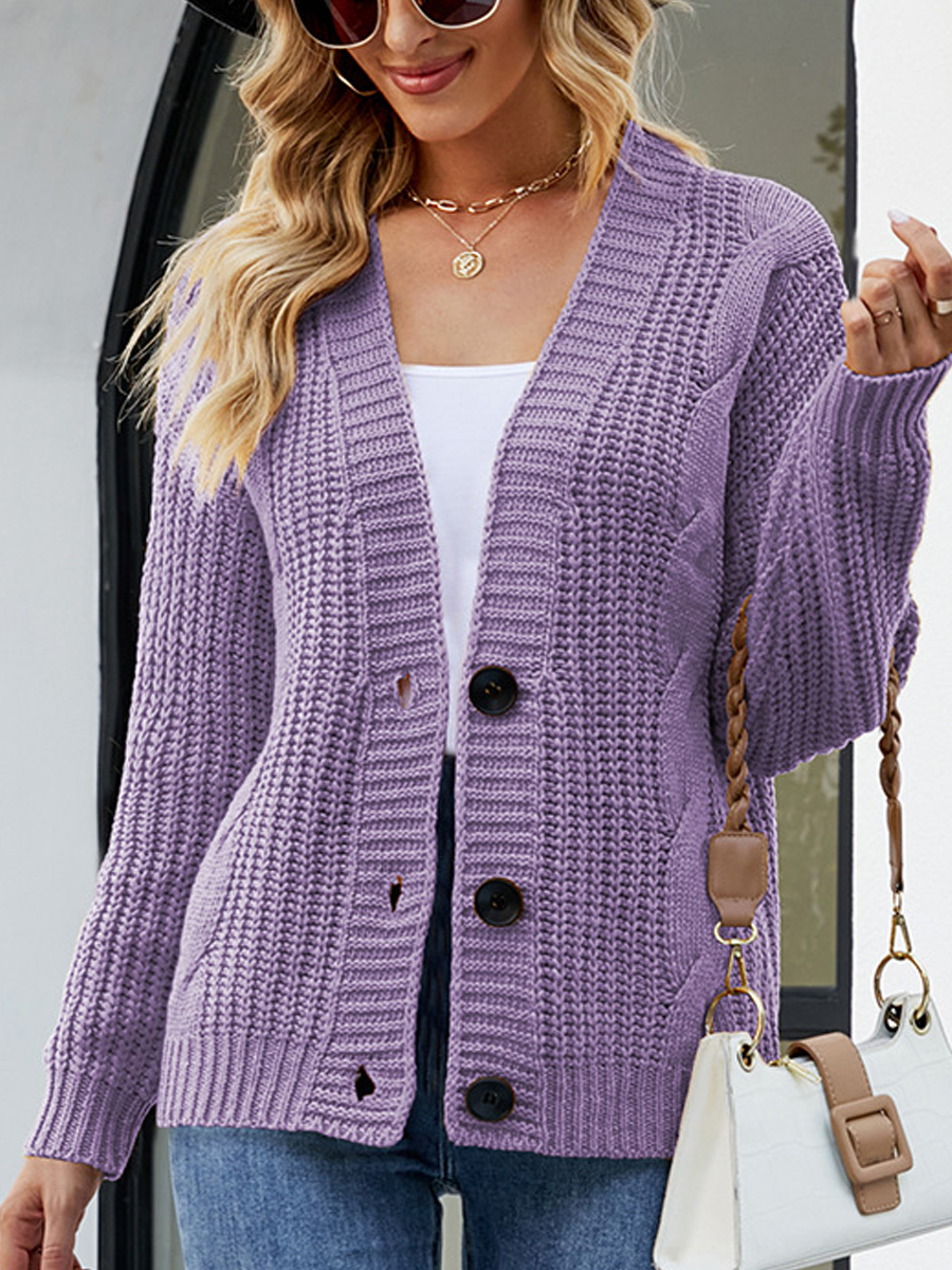 V-neck Casual Loose Solid Chic Color Knitted Cardigan