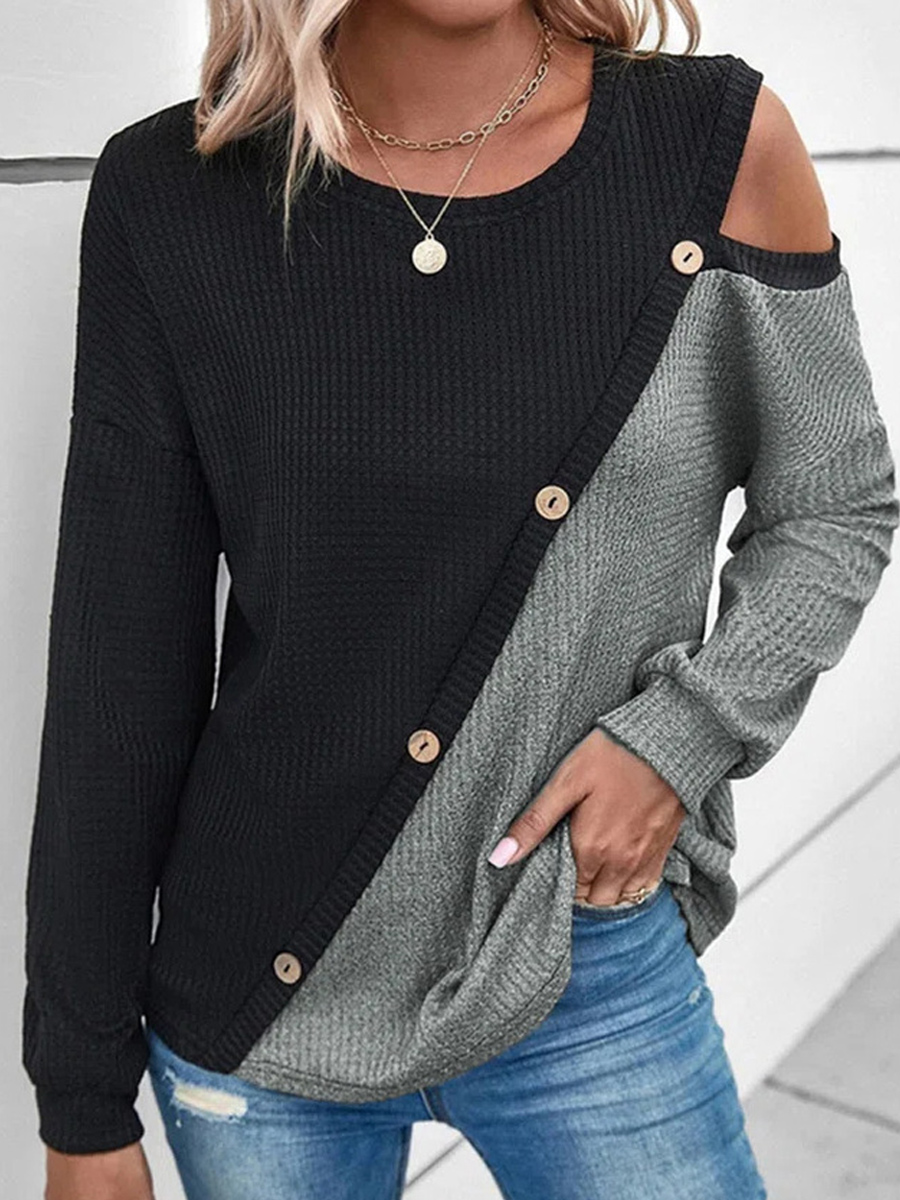 Round Neck Casual Loose Chic Stitching Openwork Knitted Pullover