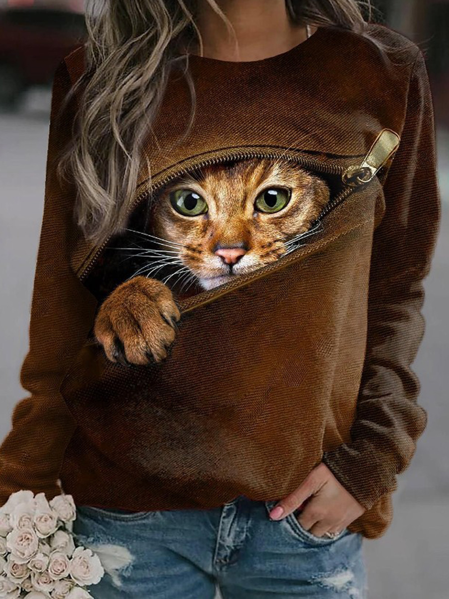 Round Neck Casual Loose Chic Home Cat Print Sweatshirt