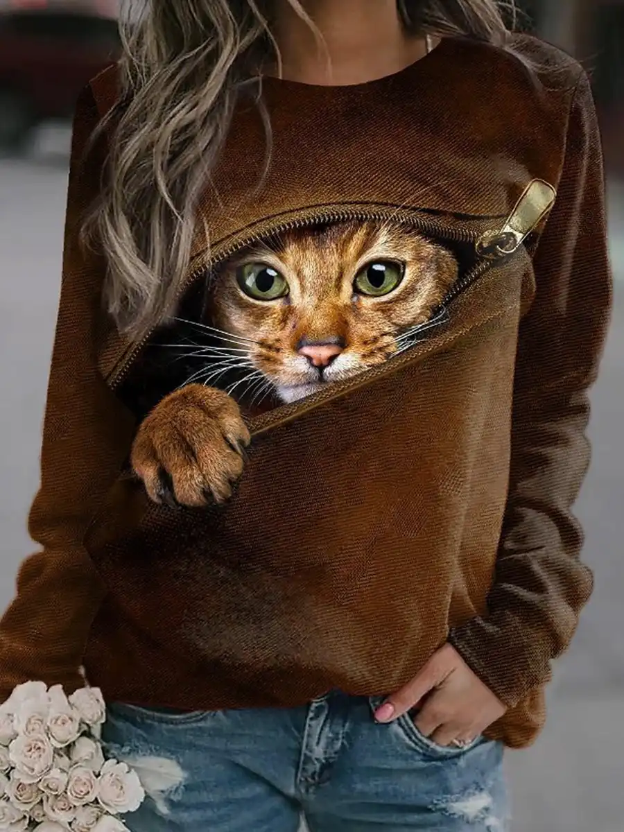 Round Neck Casual Loose Home Cat Print Sweatshirt