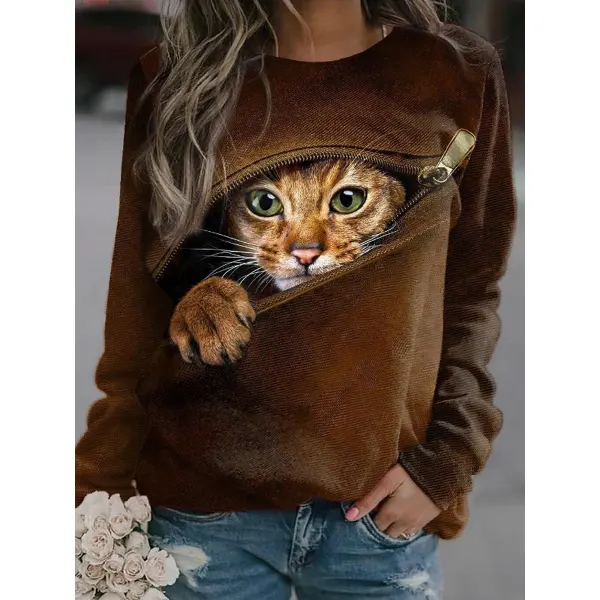 Round Neck Casual Loose Home Cat Print Sweatshirt - Chrisitina.com 