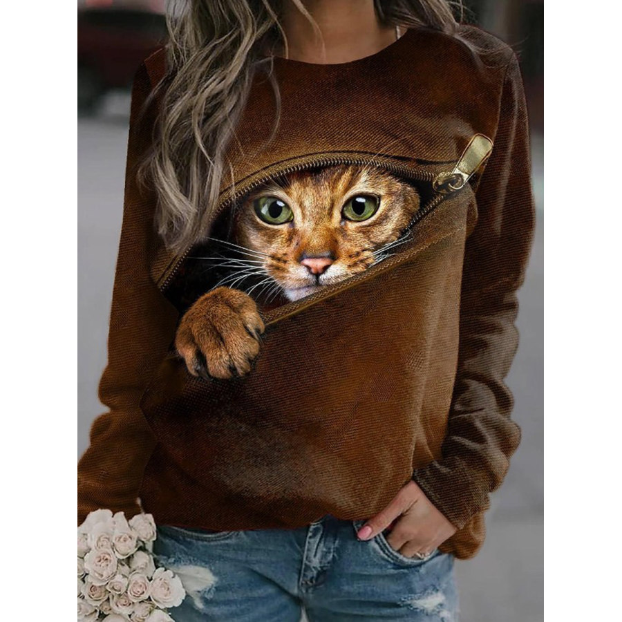 

Sudadera Informal Suelta Con Cuello Redondo Y Estampado De Gato Para El Hogar