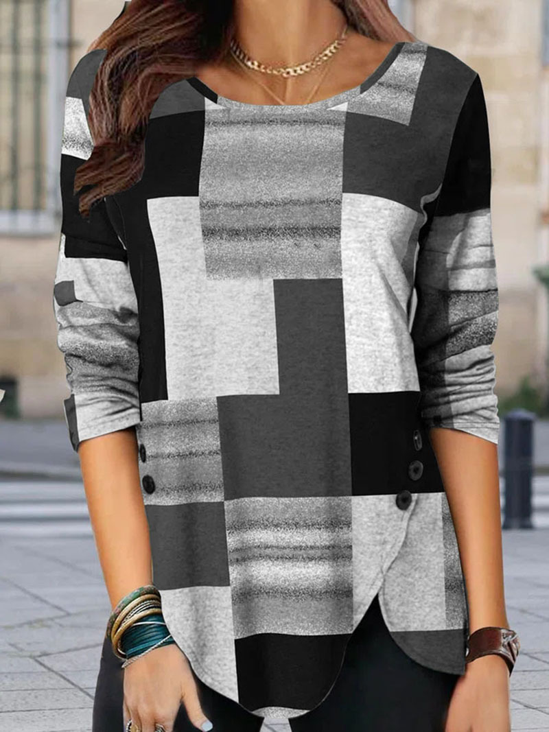 Round Neck Casual Loose Chic Check Print Long Sleeve T-shirt