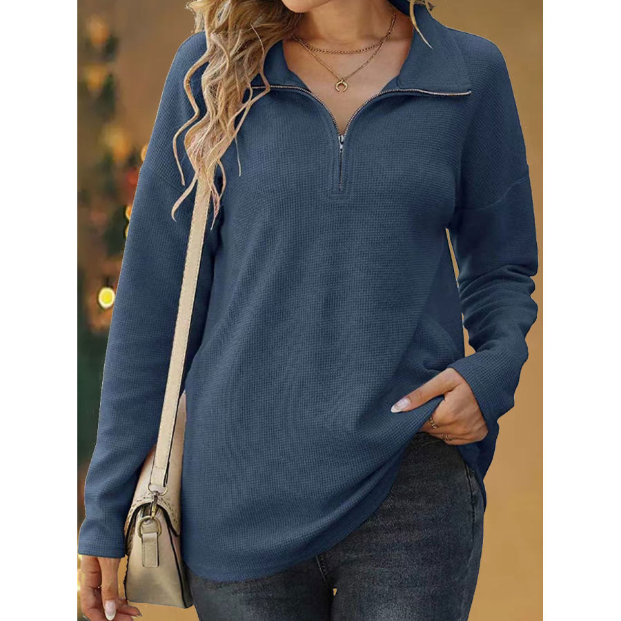

Casual Loose Zip Solid Long Sleeve T-shirt