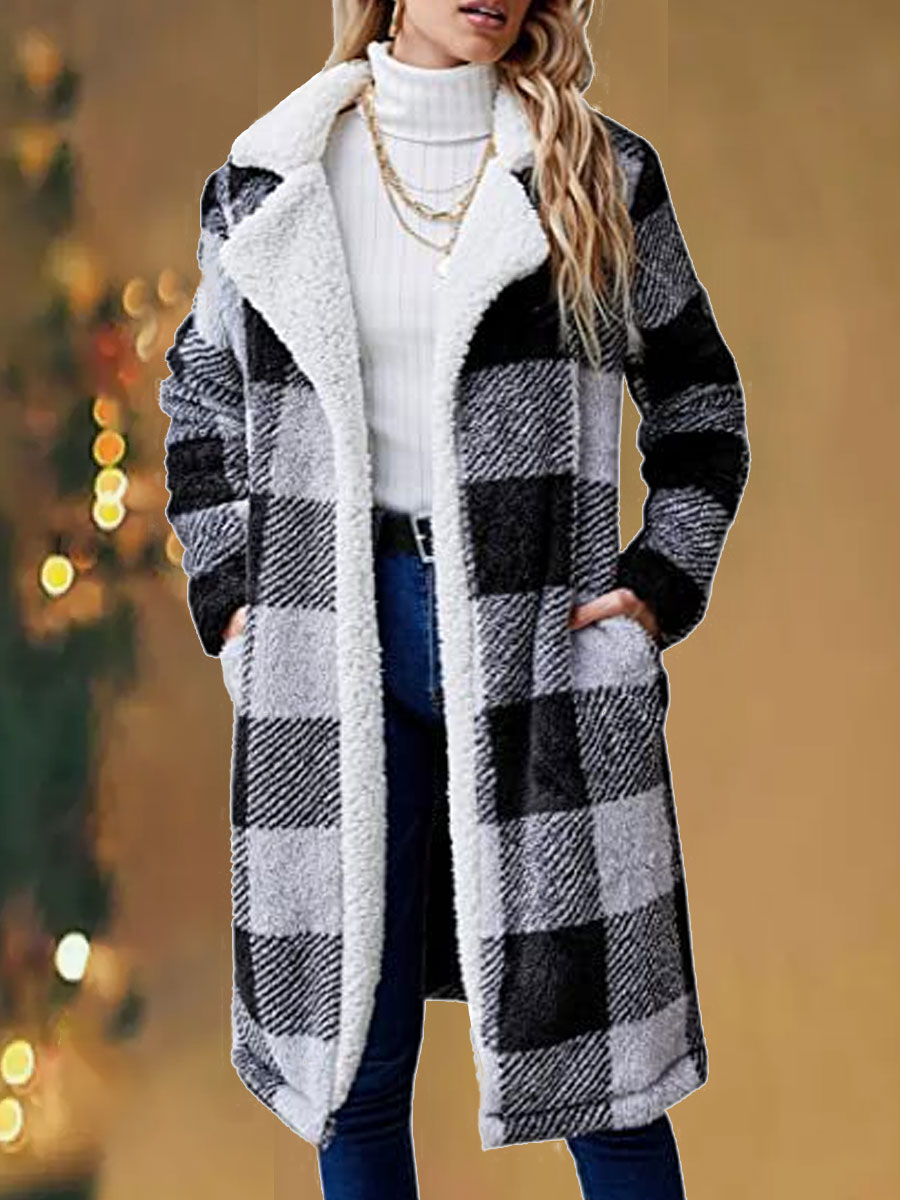 Casual Loose Plaid Comfortable Chic Plush Long Coat
