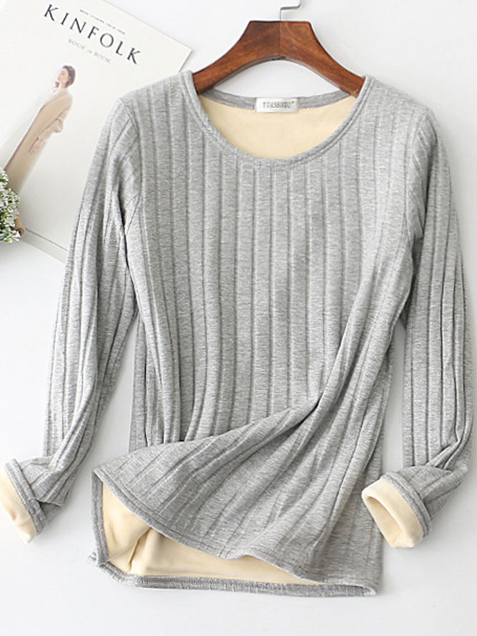 Round Neck Casual Loose Solid Color Fleece Warm Long sleeved T shirt