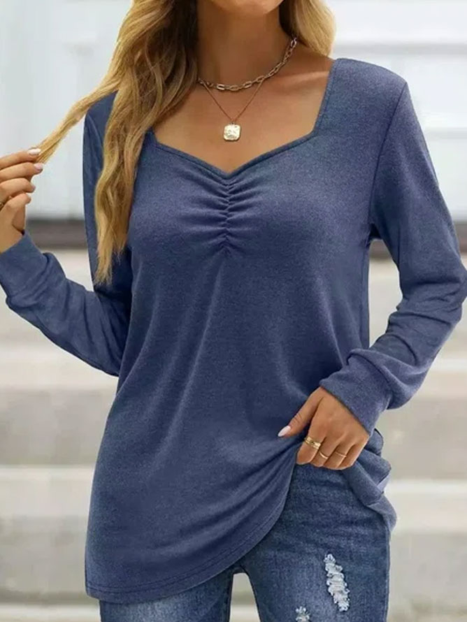 V-neck Casual Loose Solid Chic Color Long Sleeve T-shirt