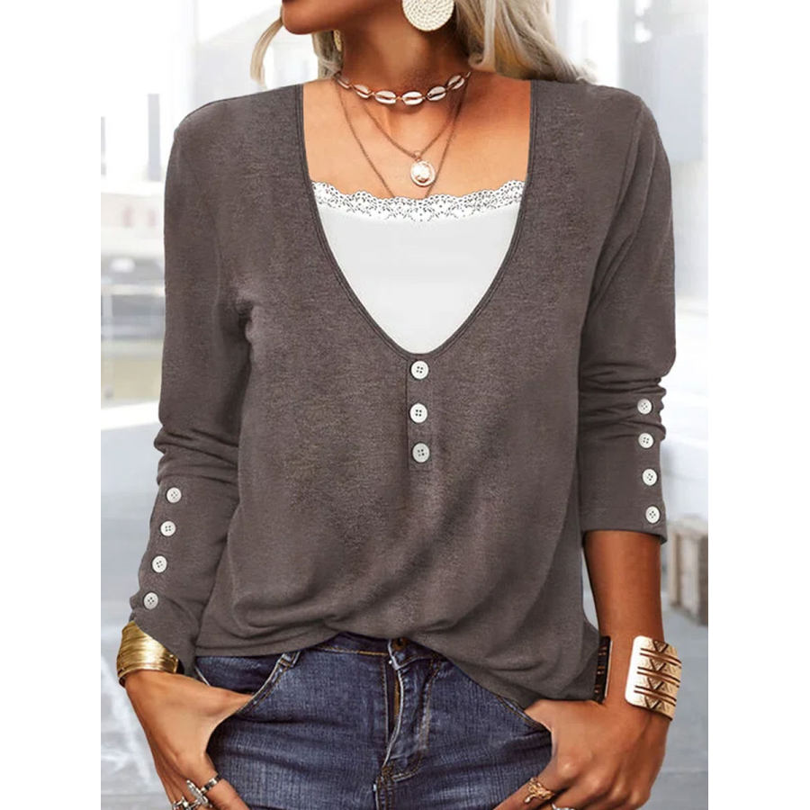 

Round Neck Panel Casual Loose Long Sleeve T-shirt