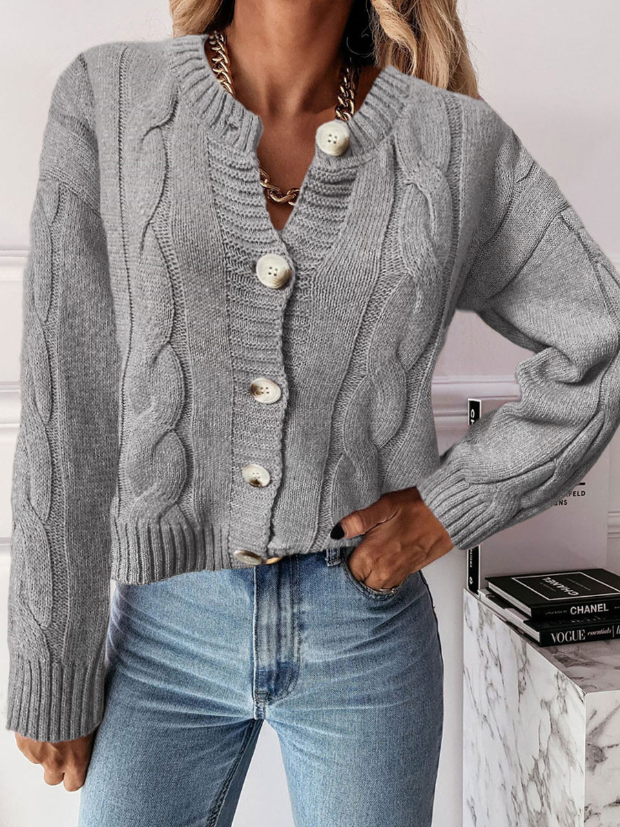 Round Neck Casual Loose Solid Color Single Breasted Cardigan