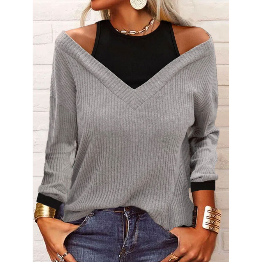 

Round Neck Panel Casual Loose Long Sleeve T-shirt