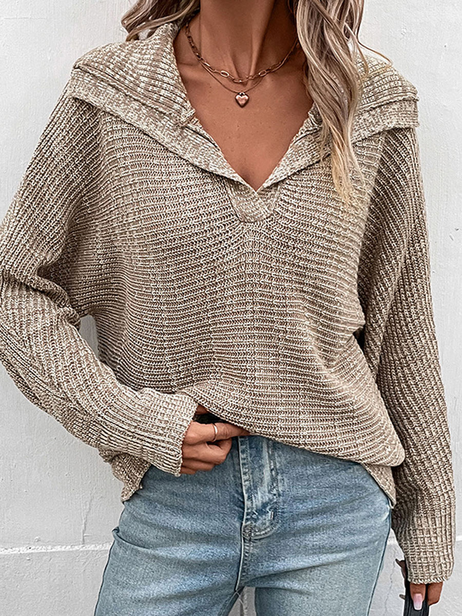 Polo Collar Casual Loose Solid Color Sweater Pullover