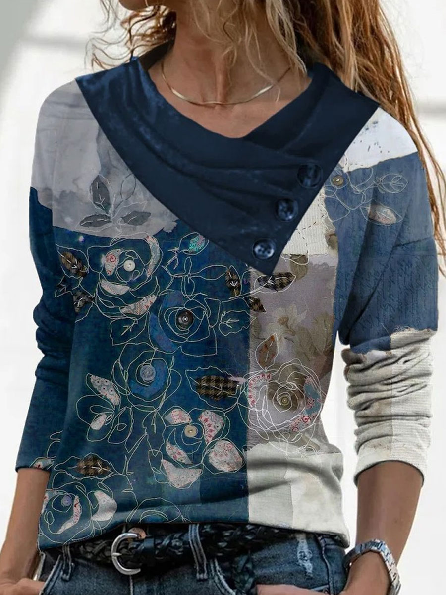 V neck Casual Loose Floral Print Long Sleeve T shirt