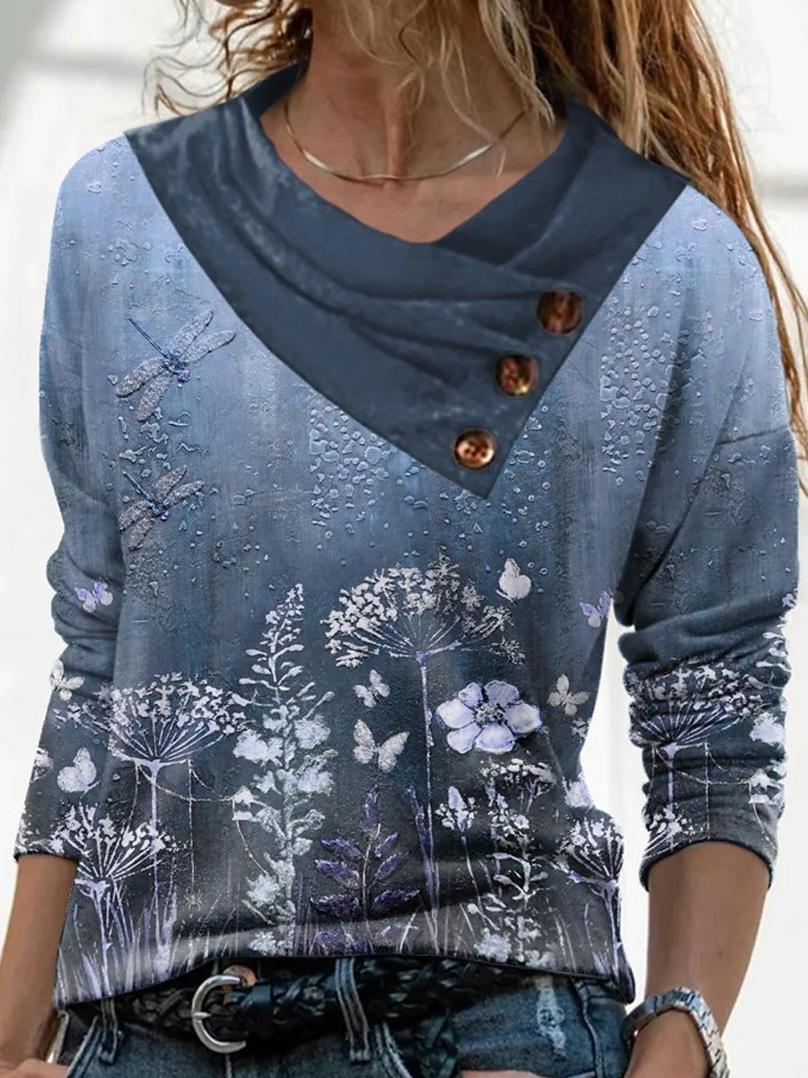 V neck Casual Loose Floral Print Long Sleeve T shirt