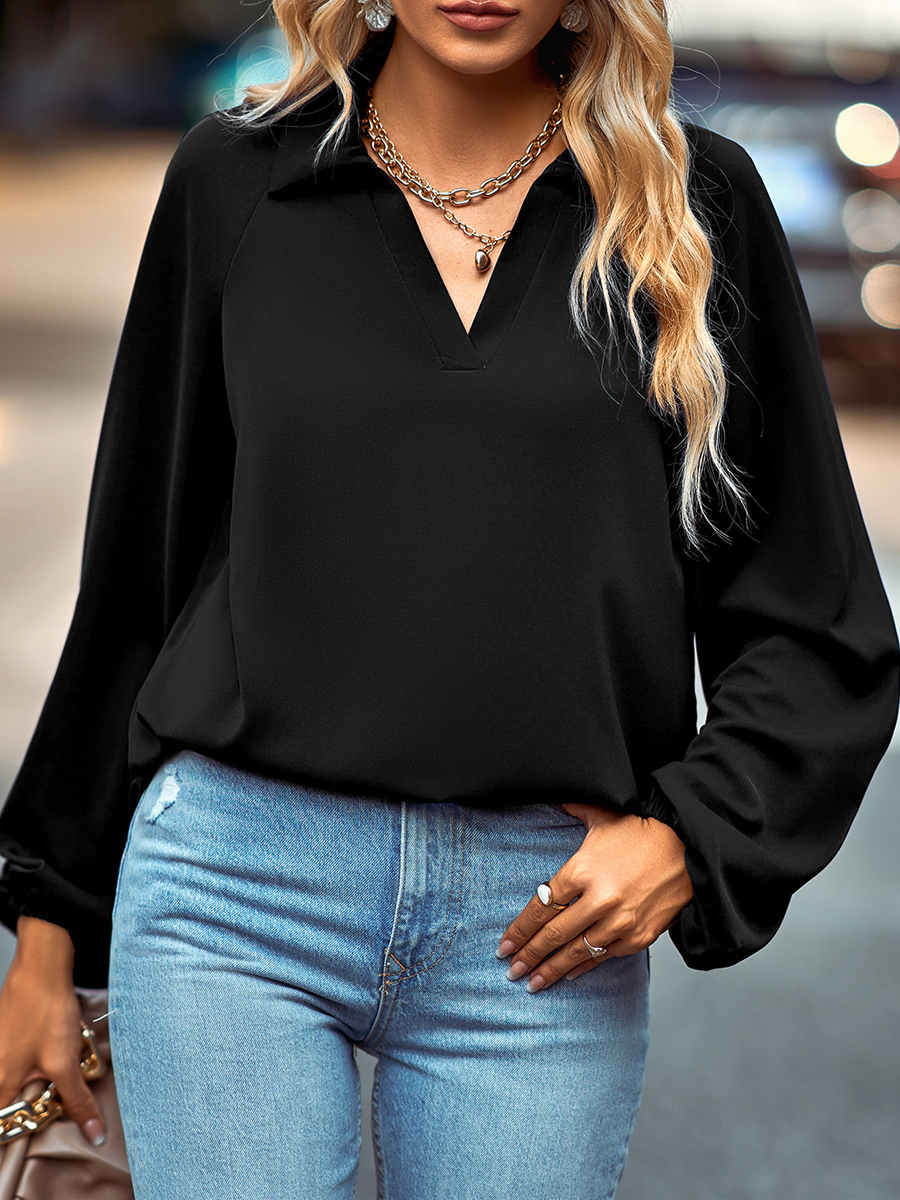 Casual Solid Color V-neck Chic Long Sleeve Blouse