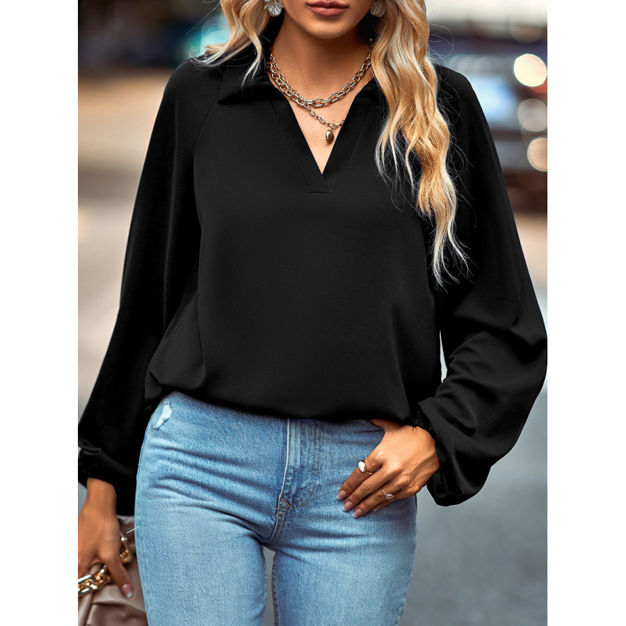 

Casual Solid Color V-Neck Long Sleeve Blouse