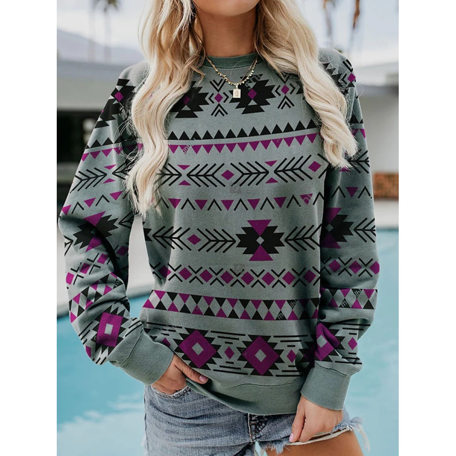 

Lässiges Vintage-Ethno-Print-Rundhals-Langarm-Sweatshirt