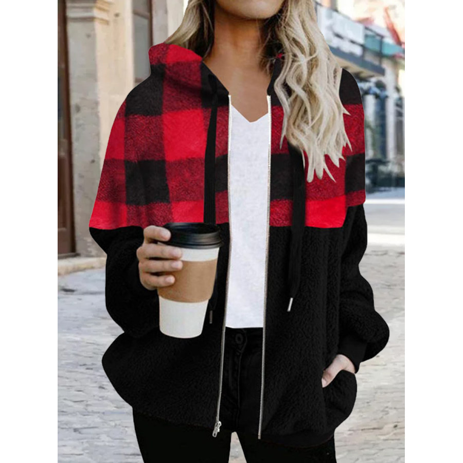 

Casual Check Colorblock Plush Hooded Coat