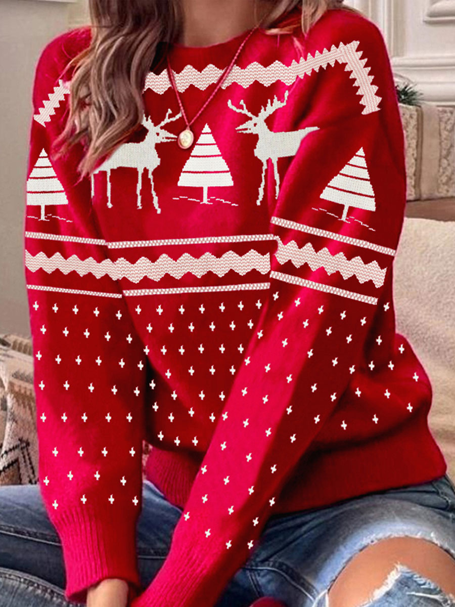 Round Neck Casual Loose Christmas Deer Sweater Pullover