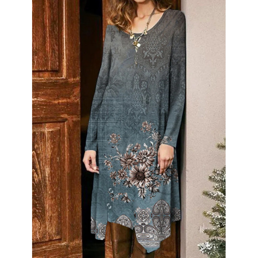 

Vintage Floral Print Crew Neck Casual Long Sleeve Midi Dress