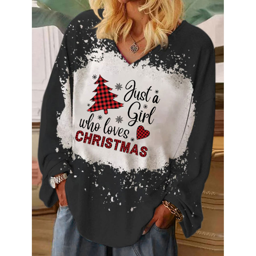 

V-neck Casual Loose Christmas Tree Print Long Sleeve T-shirt