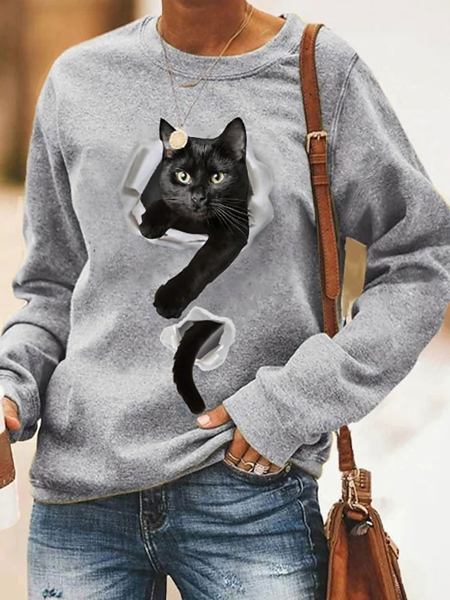 Round Neck Casual Loose Chic Cat Print Sweatshirt