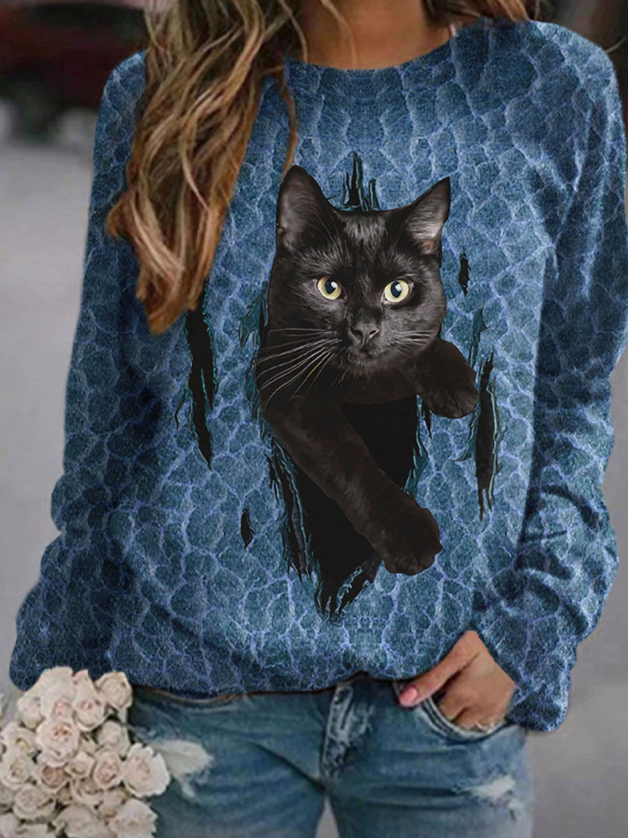 Round Neck Casual Loose Chic Cat Print Sweatshirt