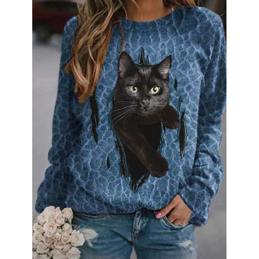 

Sudadera Informal Con Cuello Redondo Y Estampado De Gato Suelto