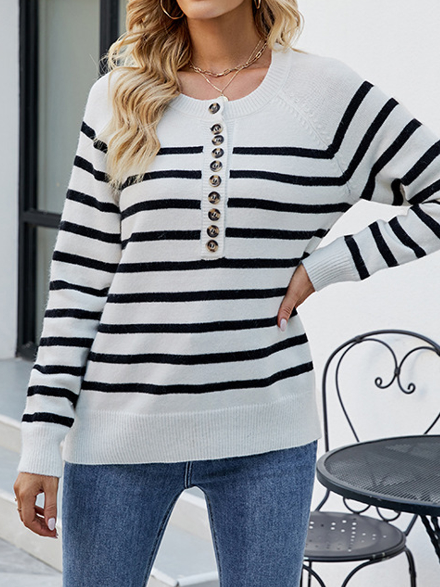 Trendy Casual Striped Button Crew Neck Long Sleeve Sweater