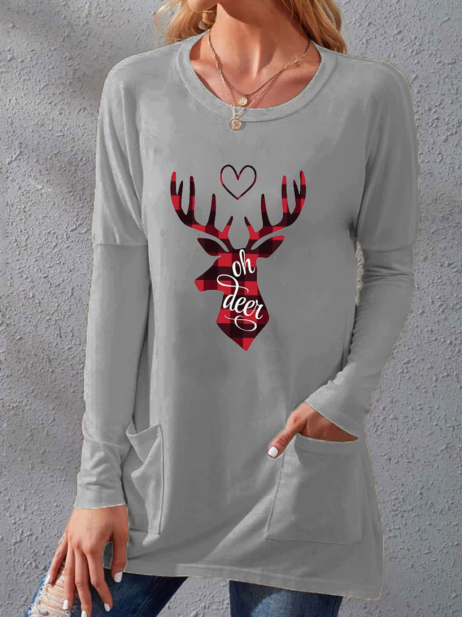 Round Neck Casual Loose Christmas Print Long Sleeve T shirt