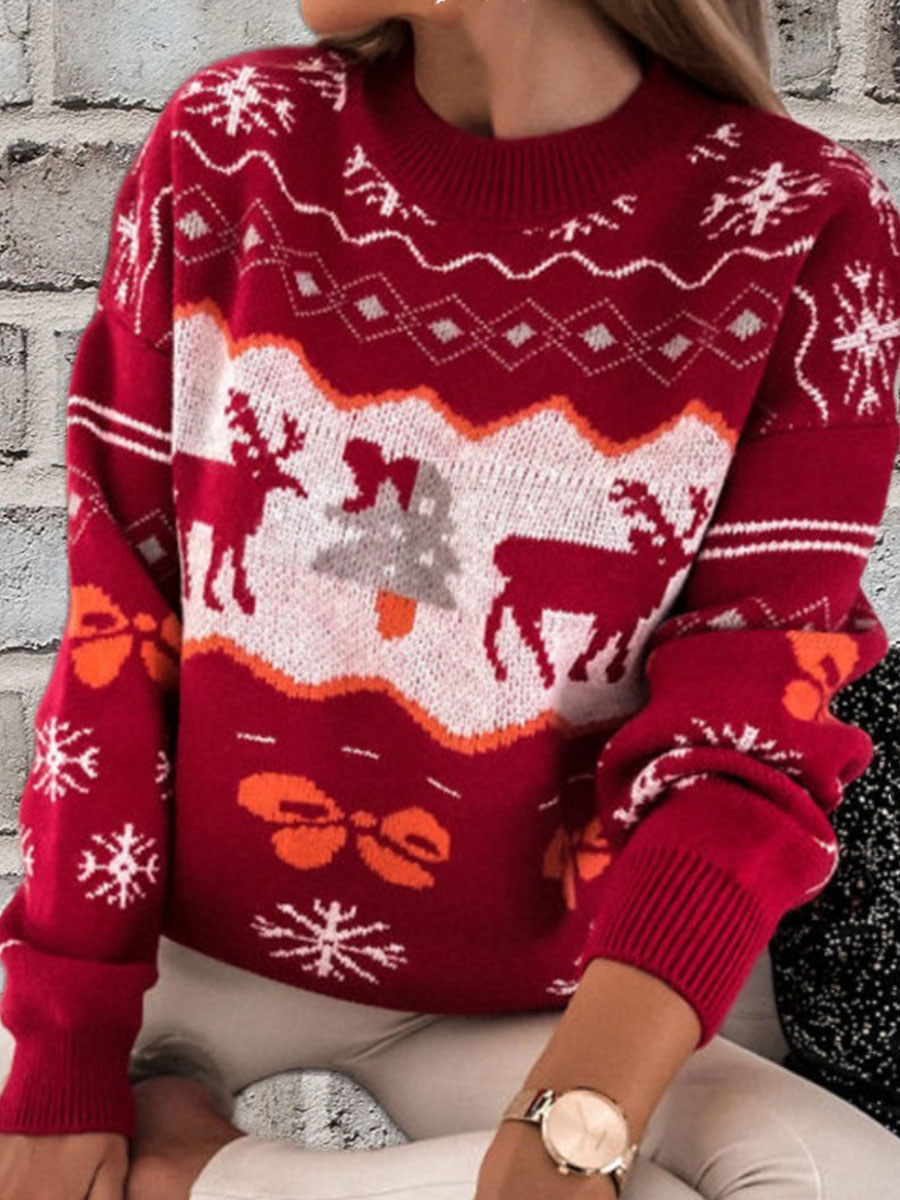 Round Neck Loose Casual Retro Christmas Deer Sweater Pullover