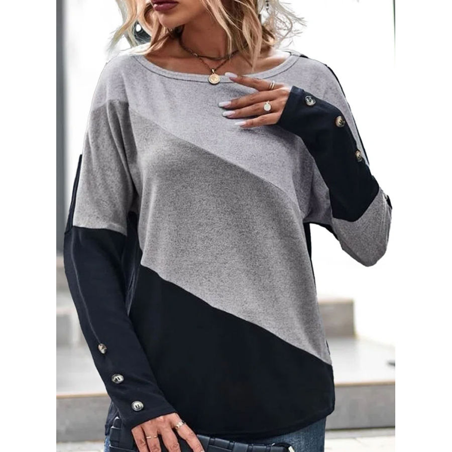 

Round Neck Casual Loose Stitching Printed Long Sleeve T-shirt