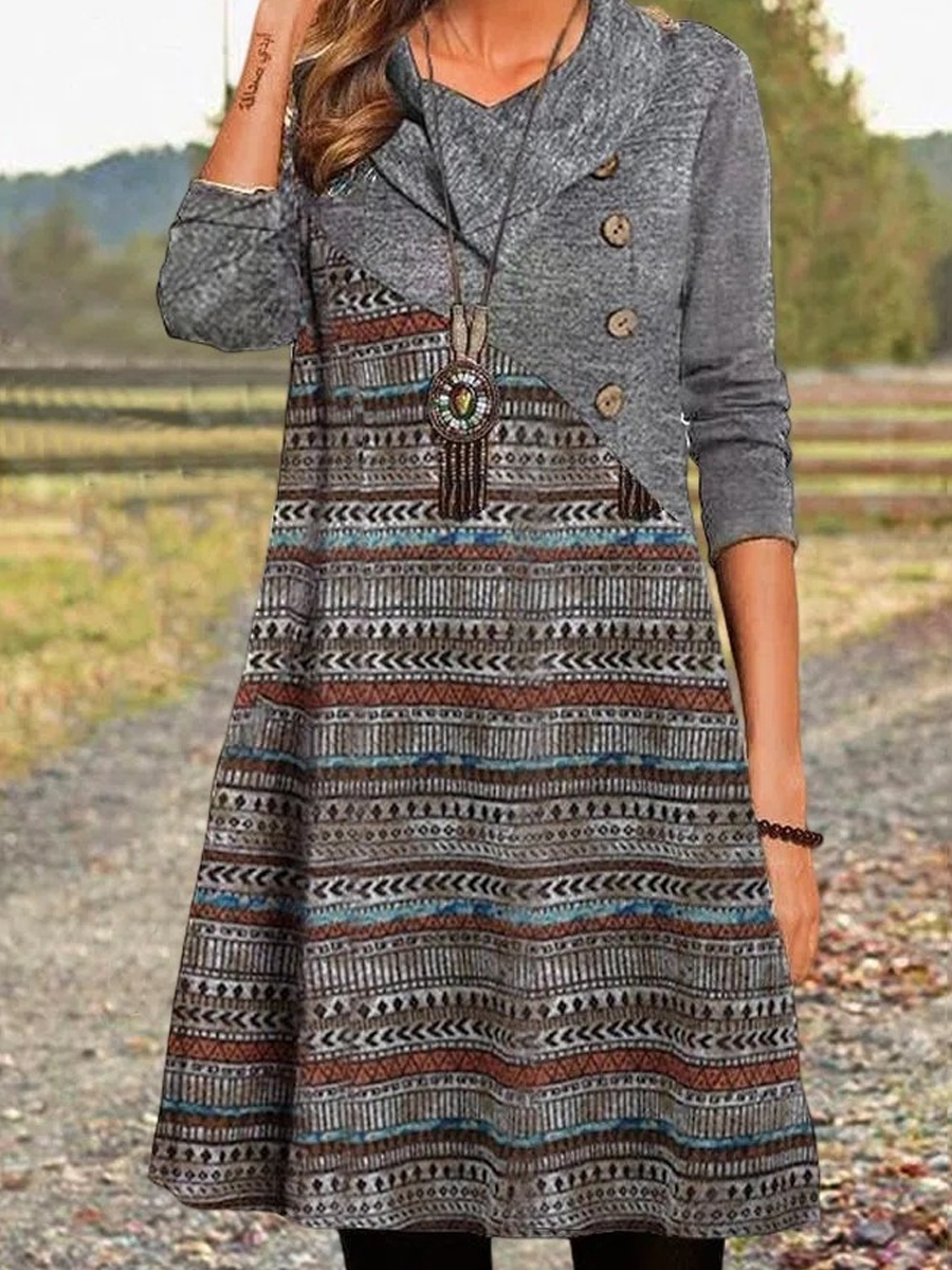 Casual Vintage Print Button Chic Long Sleeve Short Dress